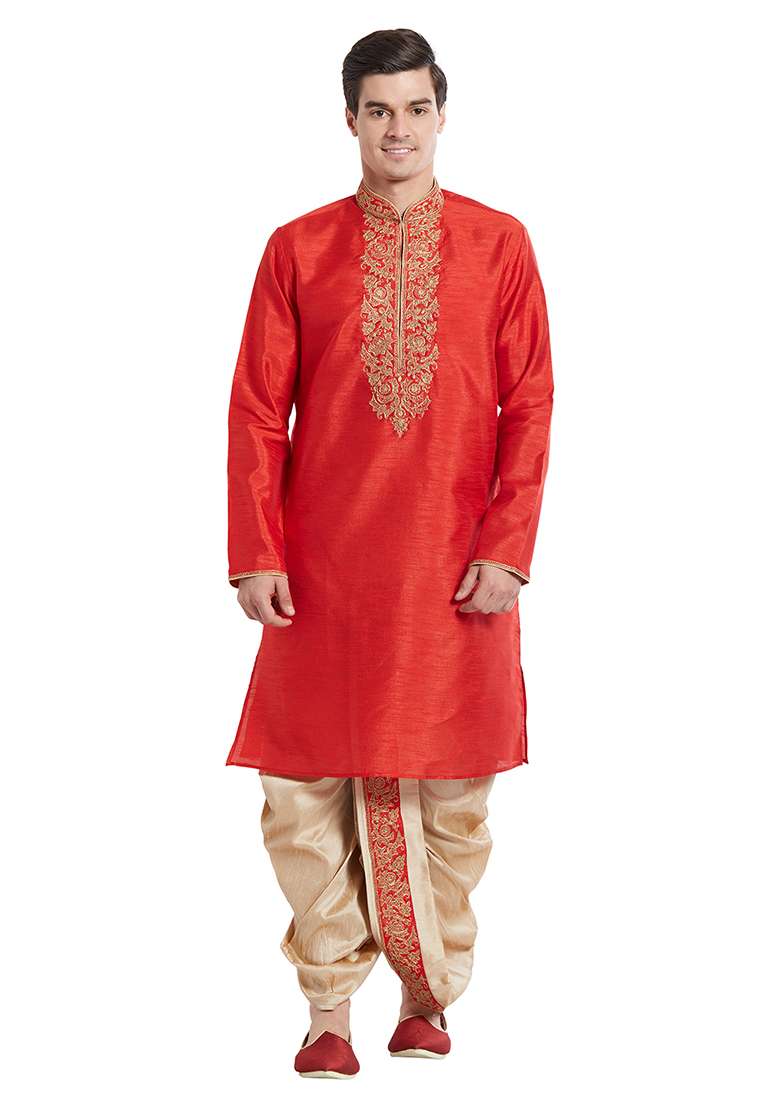 Red Embroidered Silk Blend Kurta Set For Men - Indya