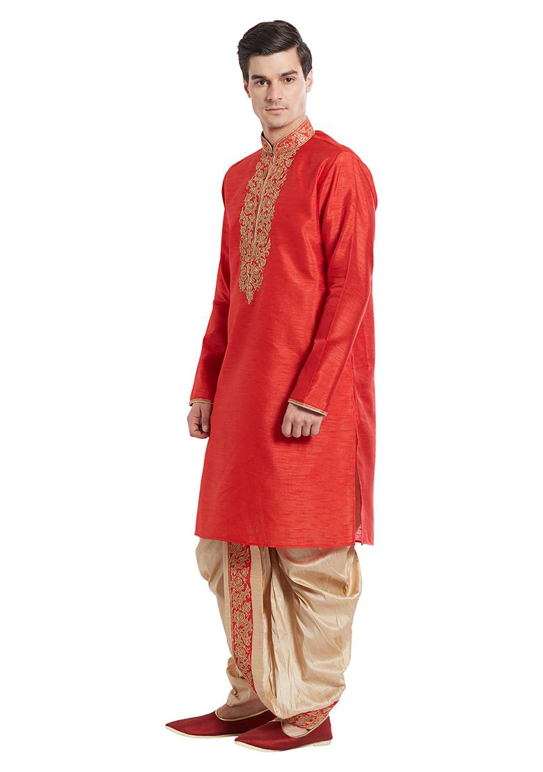 Red Embroidered Silk Kurta Set For Men