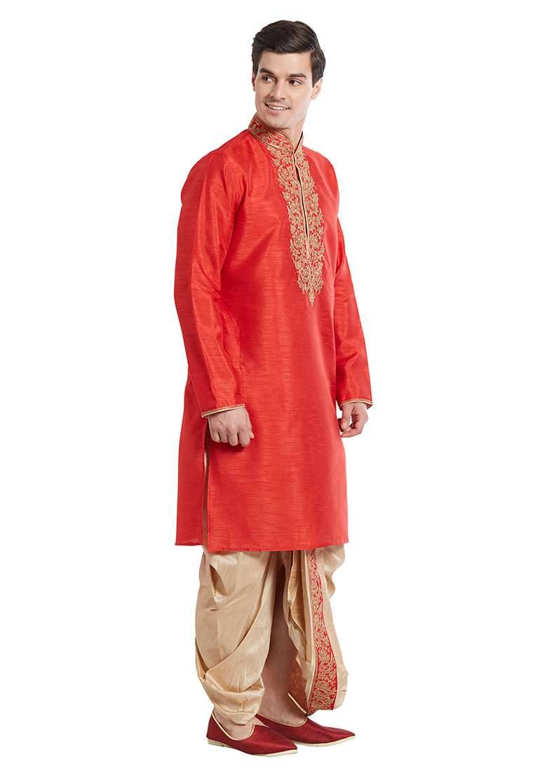 Red Embroidered Silk Blend Kurta Set For Men - Indya