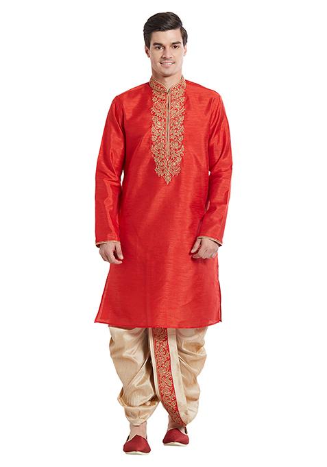 Red Embroidered Silk Kurta Set For Men