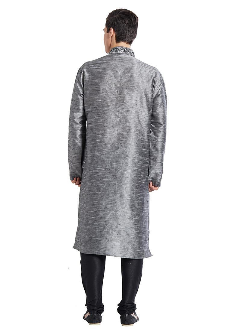 Grey Embroidered Silk Kurta Set For Men