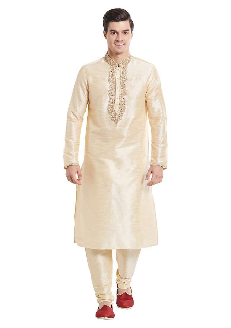 Fawn Yellow Embroidered Silk Blend Kurta Set For Men - Indya