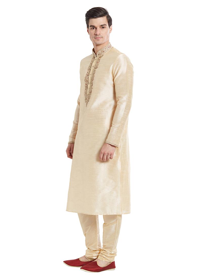 Fawn Yellow Embroidered Silk Kurta Set For Men