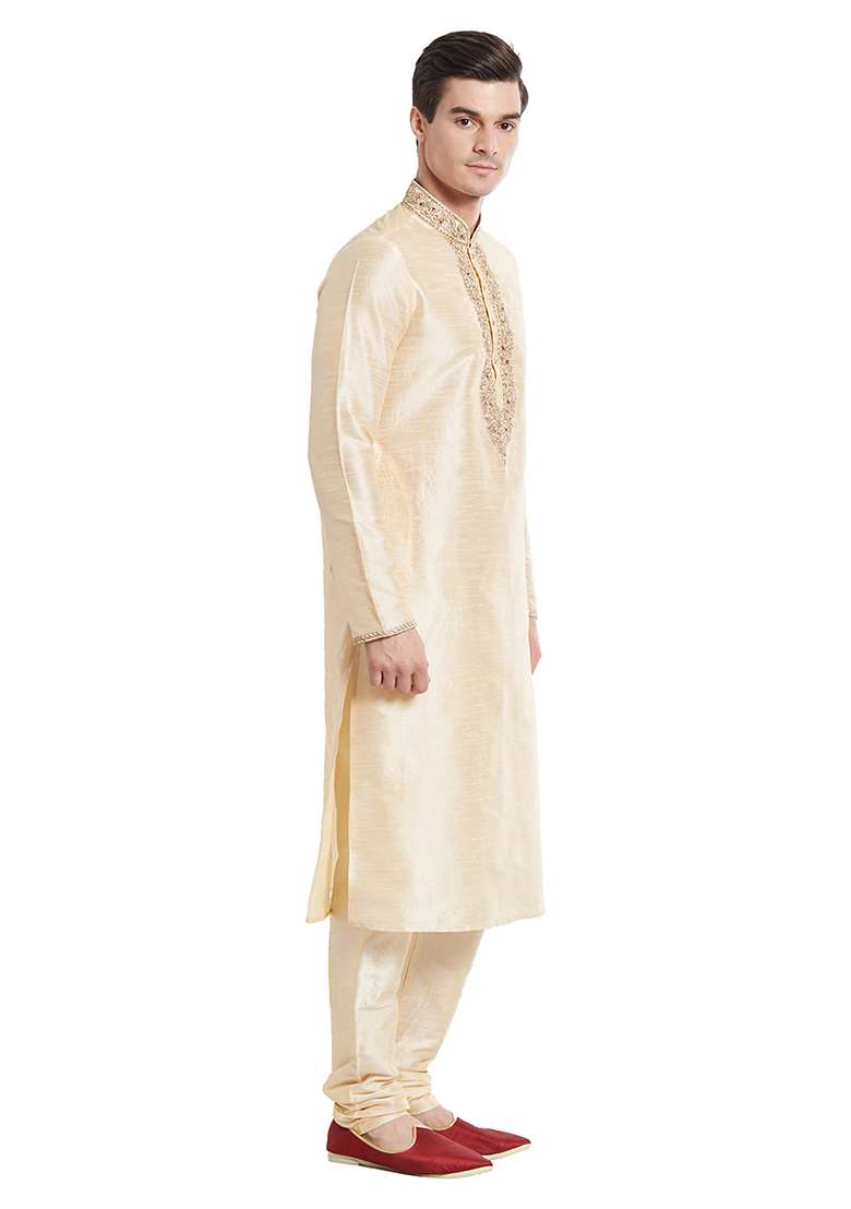 Fawn Yellow Embroidered Silk Blend Kurta Set For Men - Indya