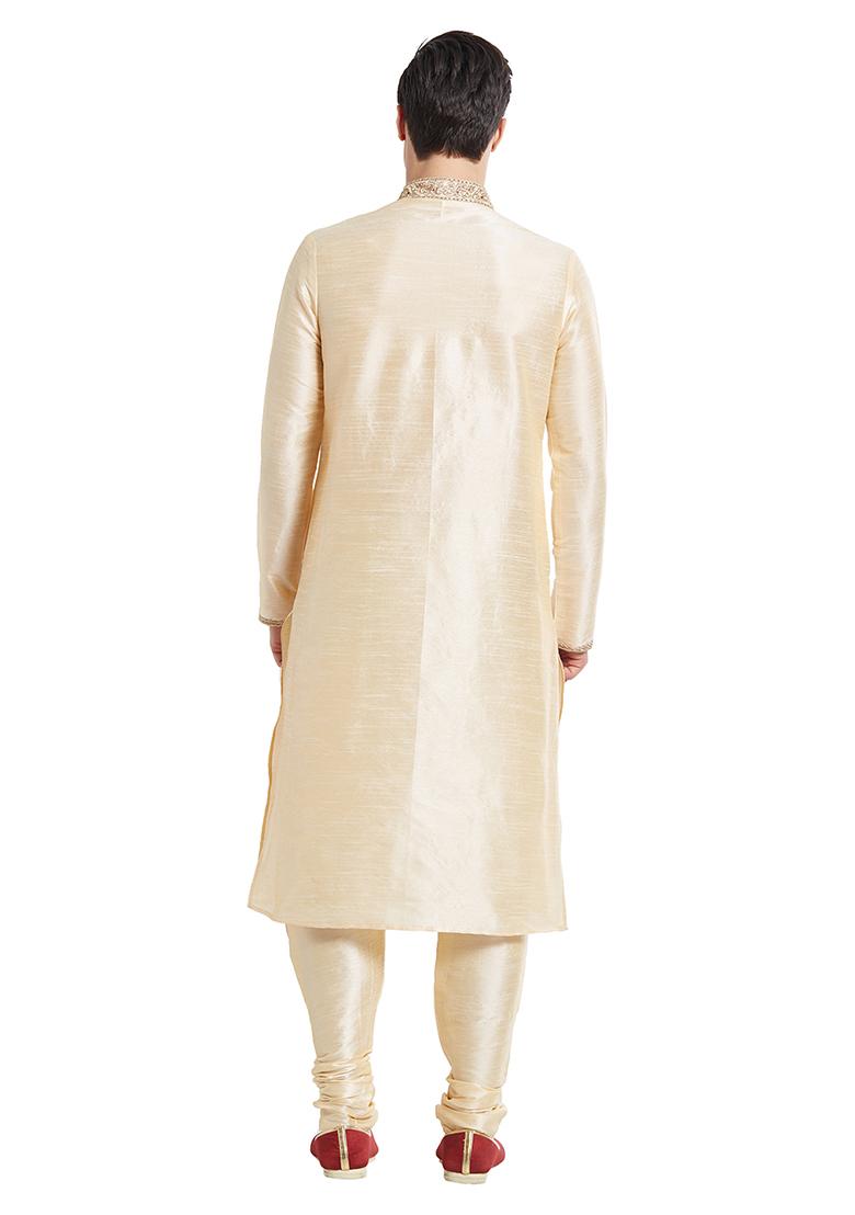 Fawn Yellow Embroidered Silk Kurta Set For Men