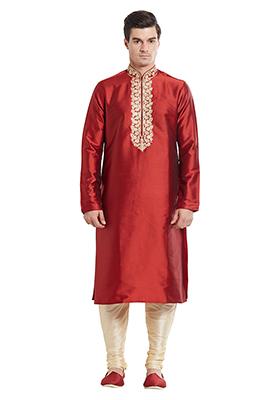 Maroon Embroidered Silk Kurta Set For Men