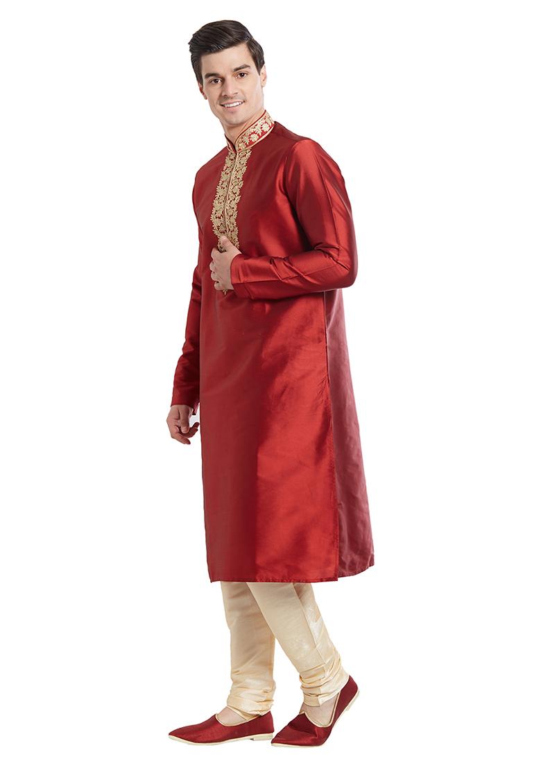 Maroon Embroidered Silk Kurta Set For Men