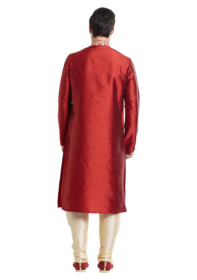 Maroon Embroidered Silk Kurta Set For Men