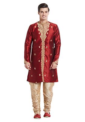 Maroon Embroidered Silk Sherwani For Men