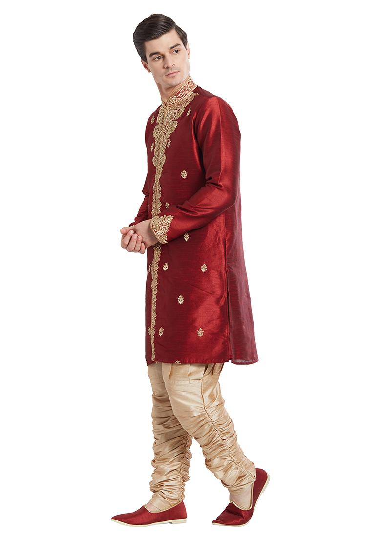 Maroon Embroidered Silk Sherwani For Men