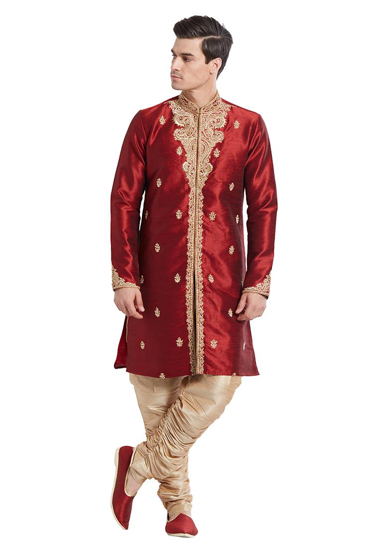 Maroon Embroidered Silk Sherwani For Men