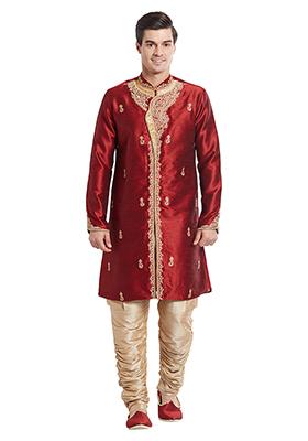 Maroon Embroidered Silk Sherwani For Men
