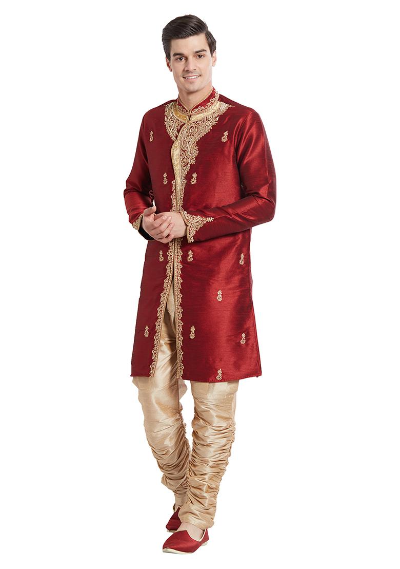 Maroon Embroidered Silk Sherwani For Men