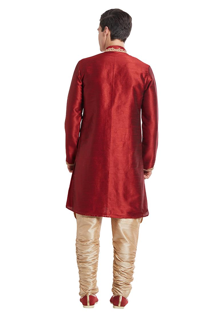 Maroon Embroidered Silk Sherwani For Men
