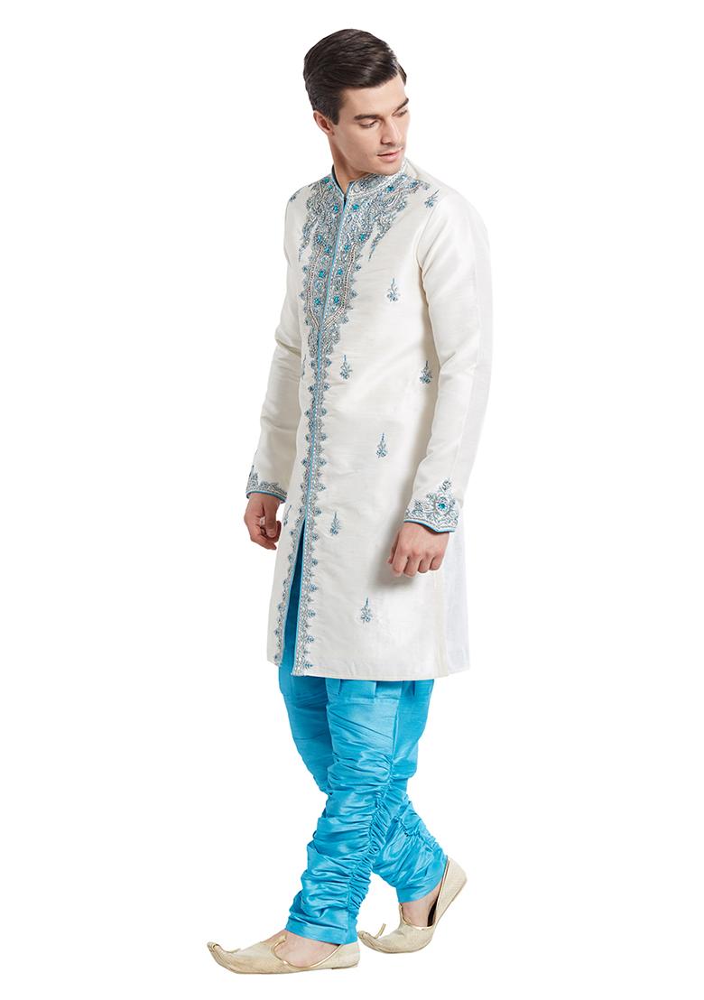 Cream Embroidered Silk Sherwani For Men