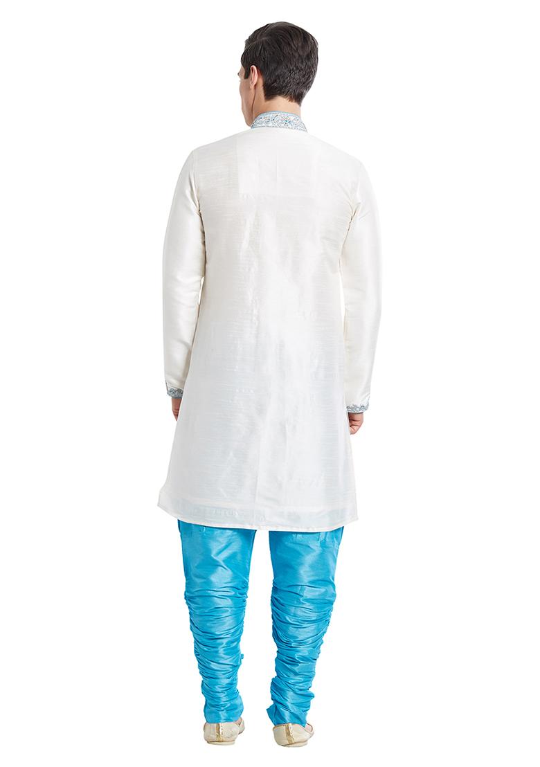 Cream Embroidered Silk Sherwani For Men