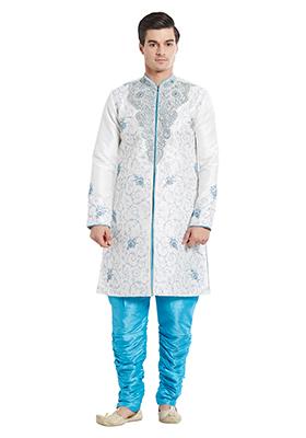 Cream Embroidered Silk Sherwani For Men