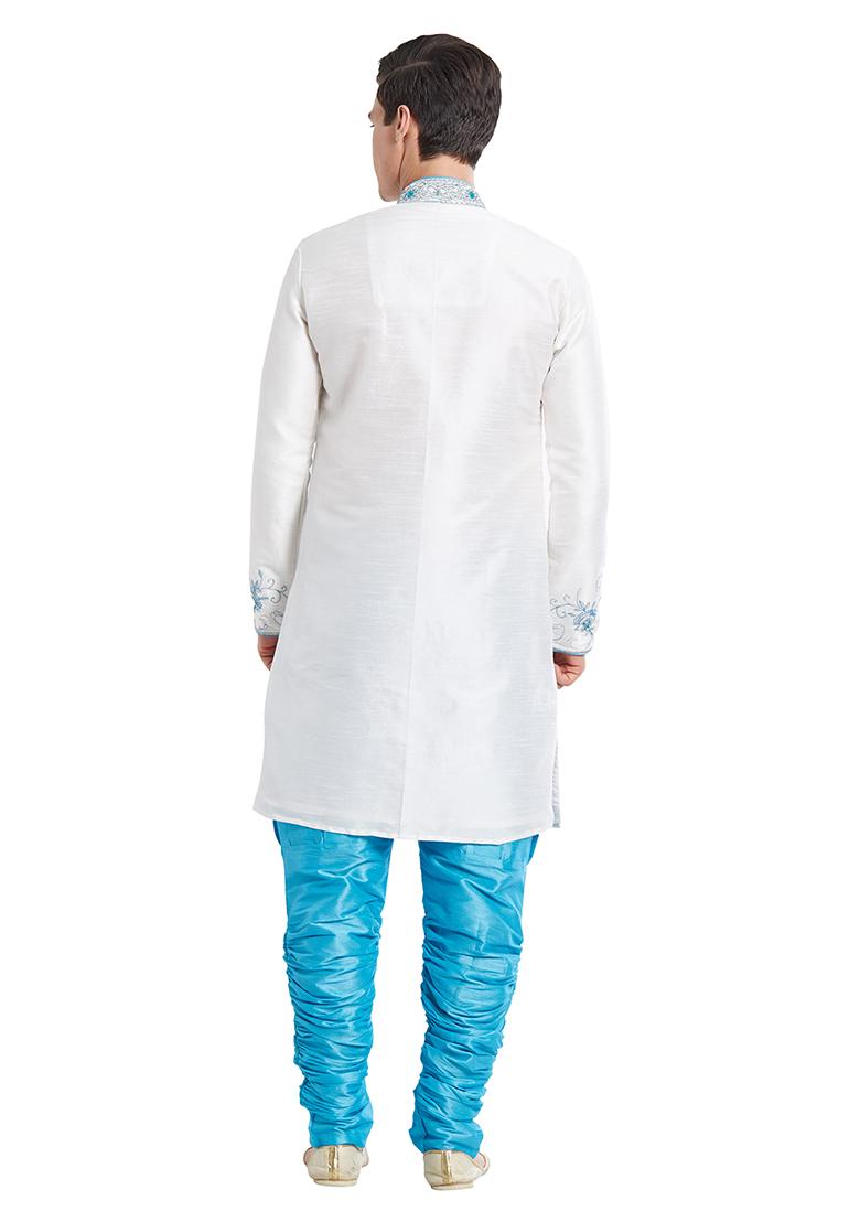Cream Embroidered Silk Sherwani For Men