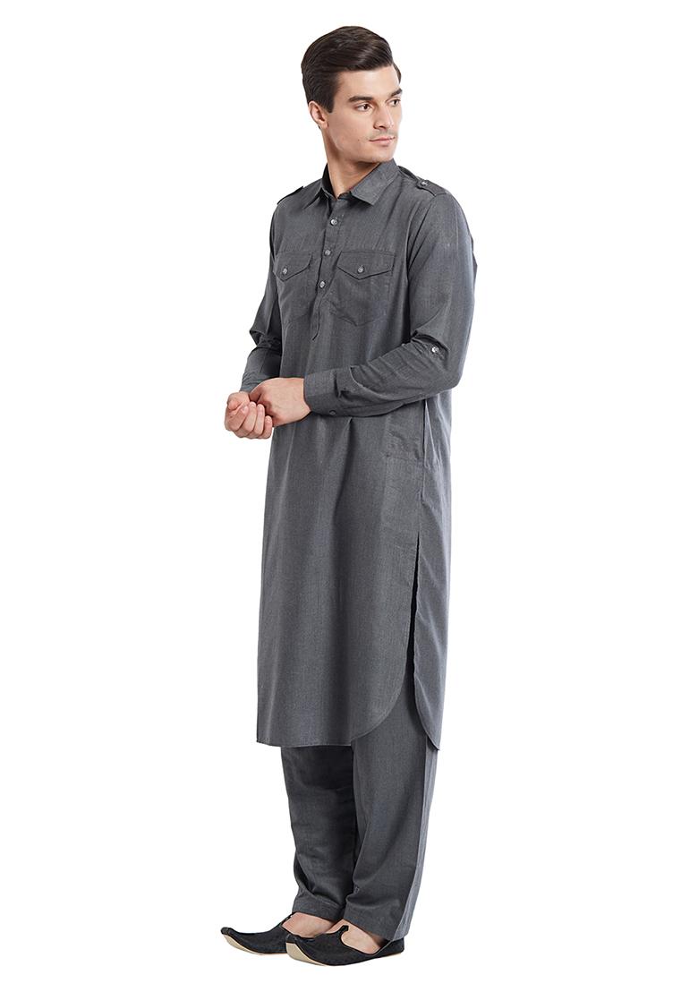 Dark Grey Plain Cotton Kurta Set For Men