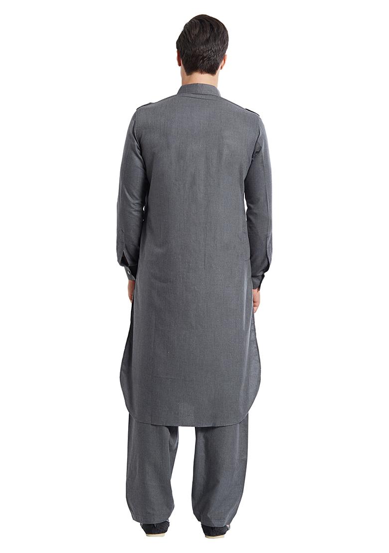 Dark Grey Plain Cotton Kurta Set For Men