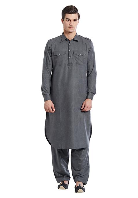 Dark Grey Plain Cotton Kurta Set For Men