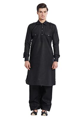 Black Plain Cotton Kurta Set For Men