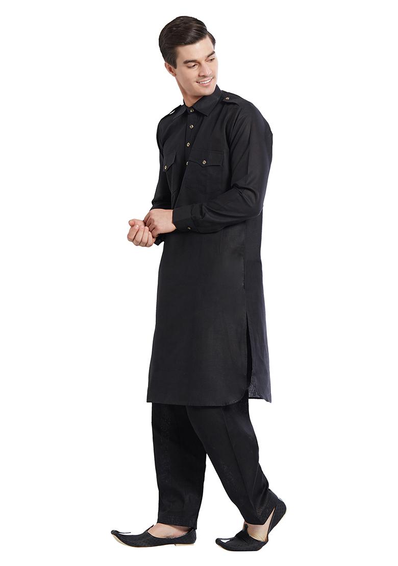 Black Plain Cotton Kurta Set For Men