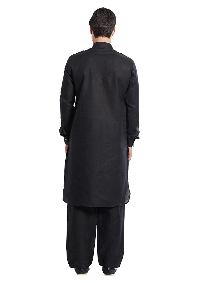 Black Plain Cotton Kurta Set For Men
