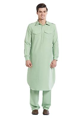Sea Green Plain Cotton Kurta Set For Men