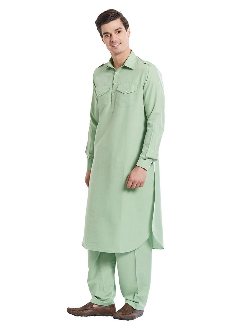 Sea Green Plain Cotton Kurta Set For Men