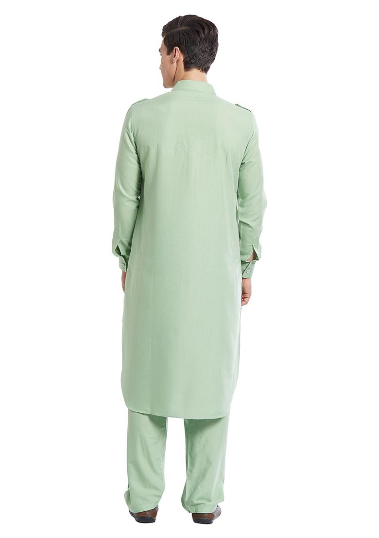 Sea Green Plain Cotton Kurta Set For Men