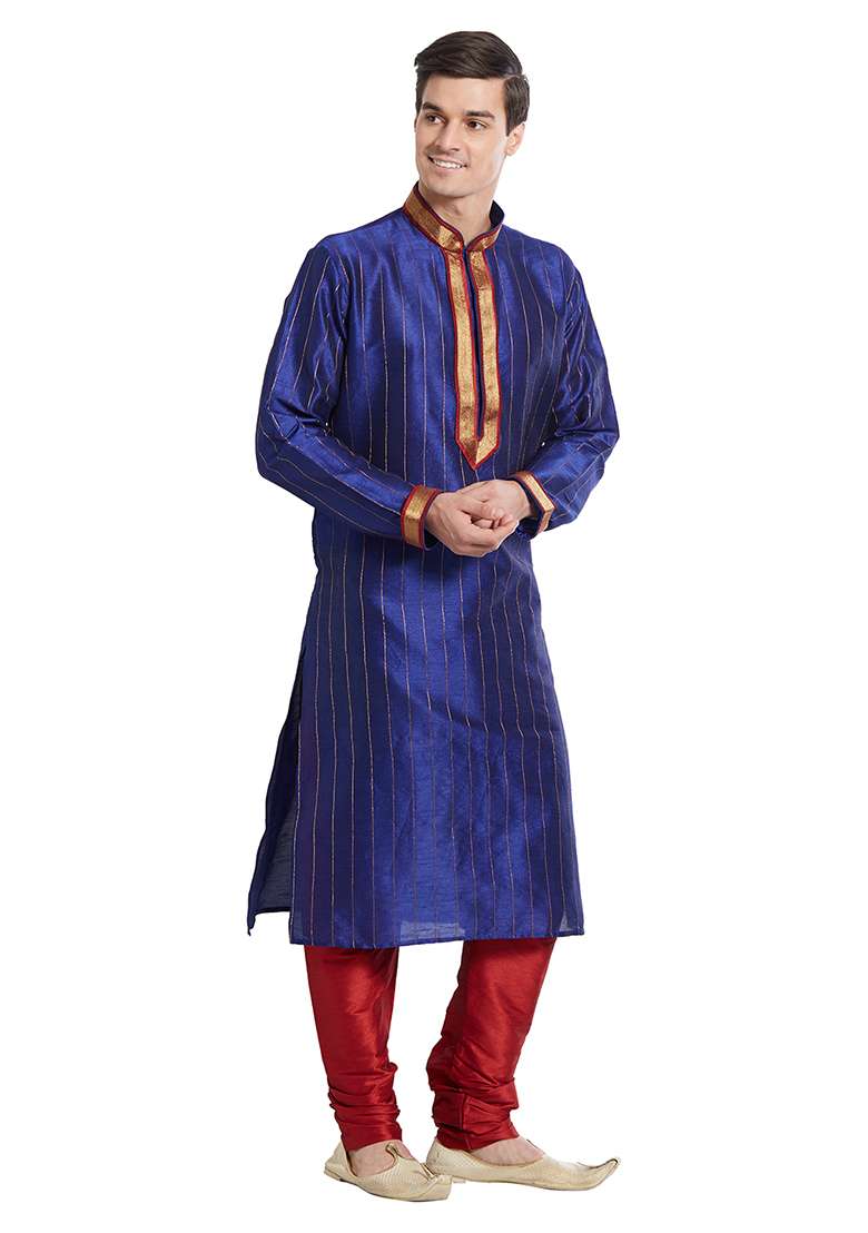 Purple Embroidered Silk Blend Kurta Set For Men - Indya