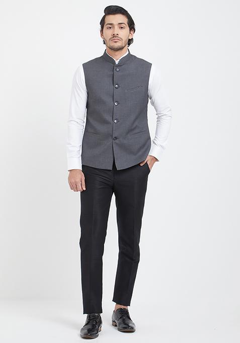 Grey Plain Cotton Nehru Jackets & Sets