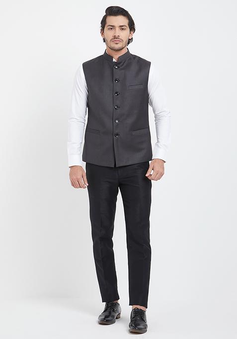 Dark Grey Plain Cotton Nehru Jackets & Sets