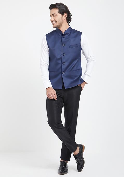 Navy Blue Plain Cotton Nehru Jackets & Sets
