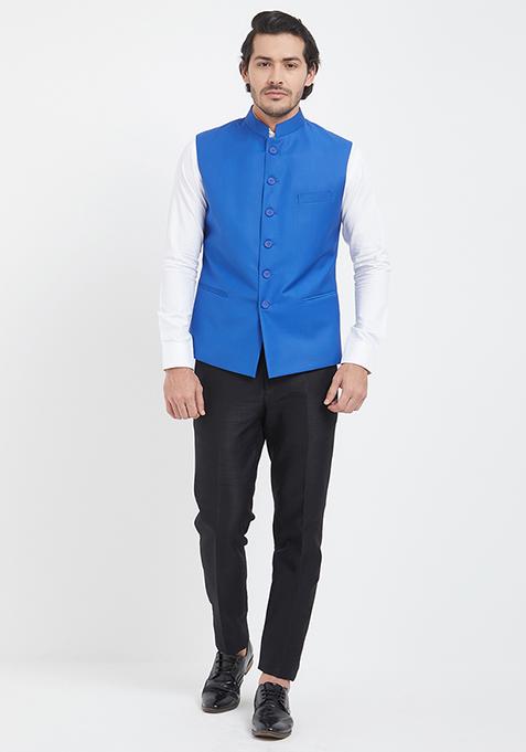 Sky Blue Plain Cotton Nehru Jackets & Sets