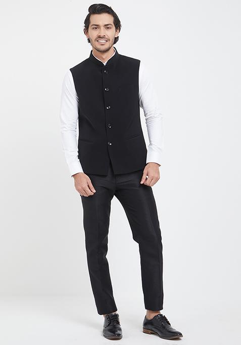 Black Plain Cotton Nehru Jackets & Sets
