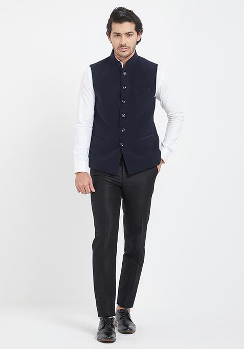 Dark Blue Plain Cotton Nehru Jackets & Sets