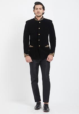 Black Embroidered Velvet Kurta Set For Men