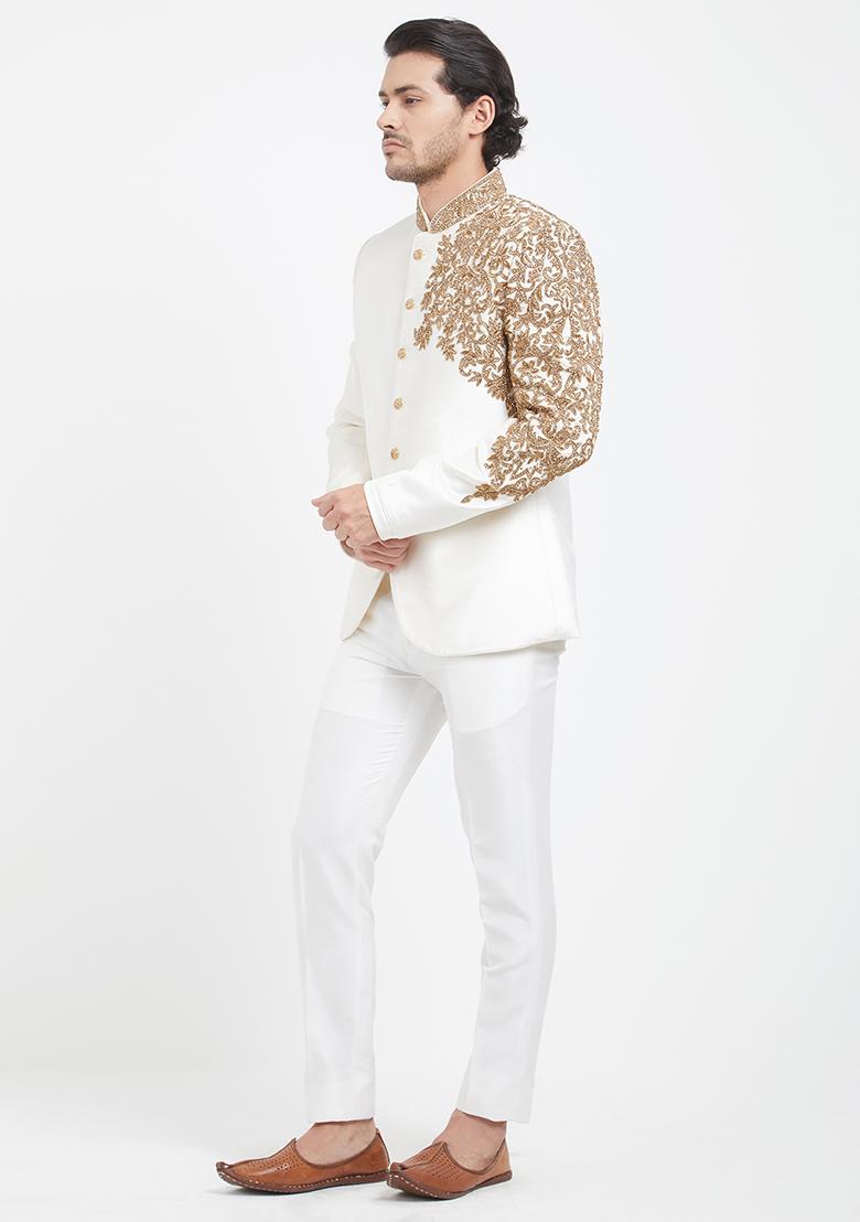 Off White Embroidered Silk Kurta Set For Men