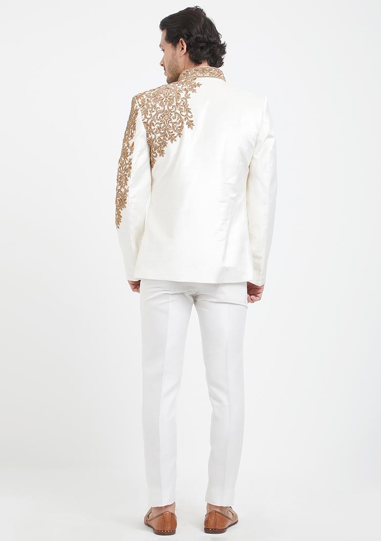 Off White Embroidered Silk Kurta Set For Men