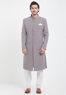 Light Grey Plain Silk Sherwani For Men