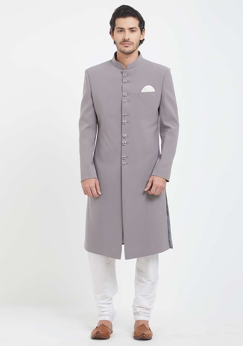 Light Grey Plain Silk Blend Sherwani For Men - Indya