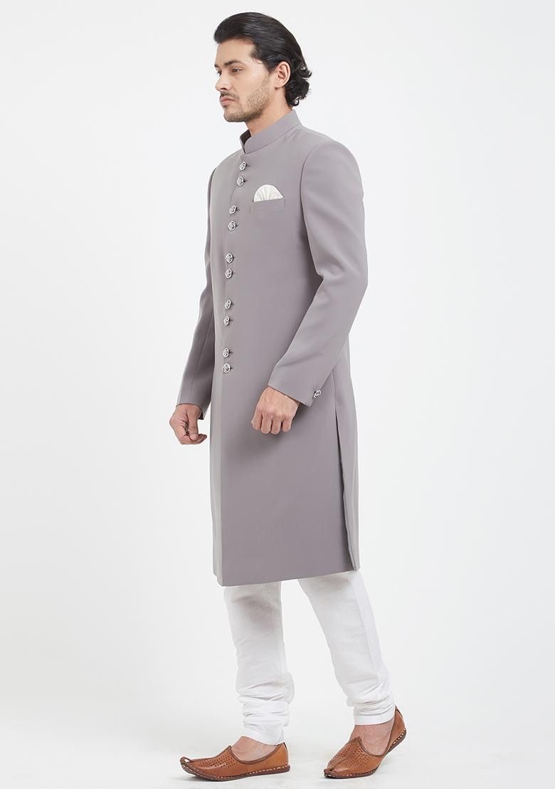 Light Grey Plain Silk Sherwani For Men