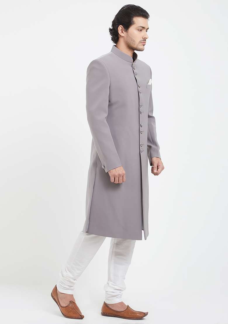 Light Grey Plain Silk Blend Sherwani For Men - Indya