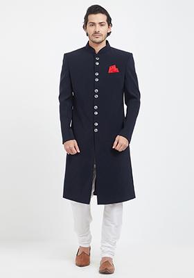 Dark Blue Plain Silk Sherwani For Men