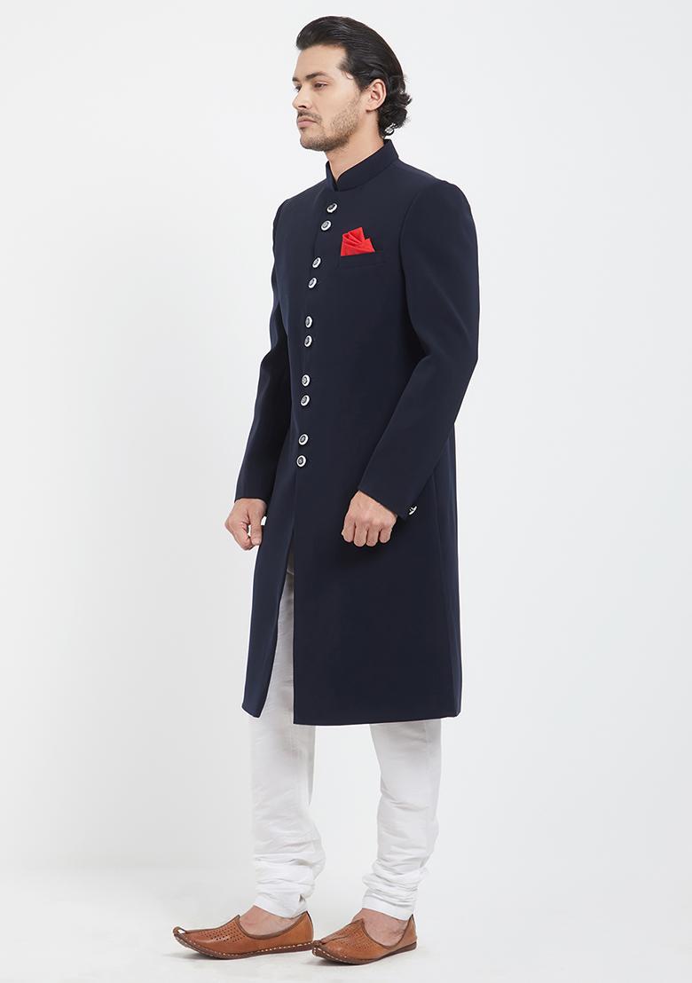 Dark Blue Plain Silk Sherwani For Men