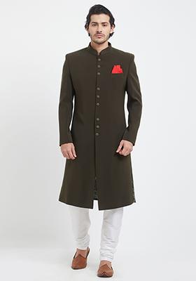 Brown Plain Silk Sherwani For Men