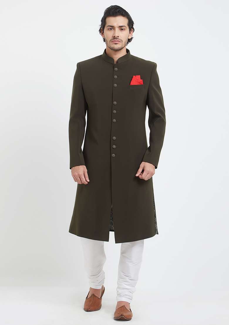 Brown Plain Silk Blend Sherwani For Men - Indya