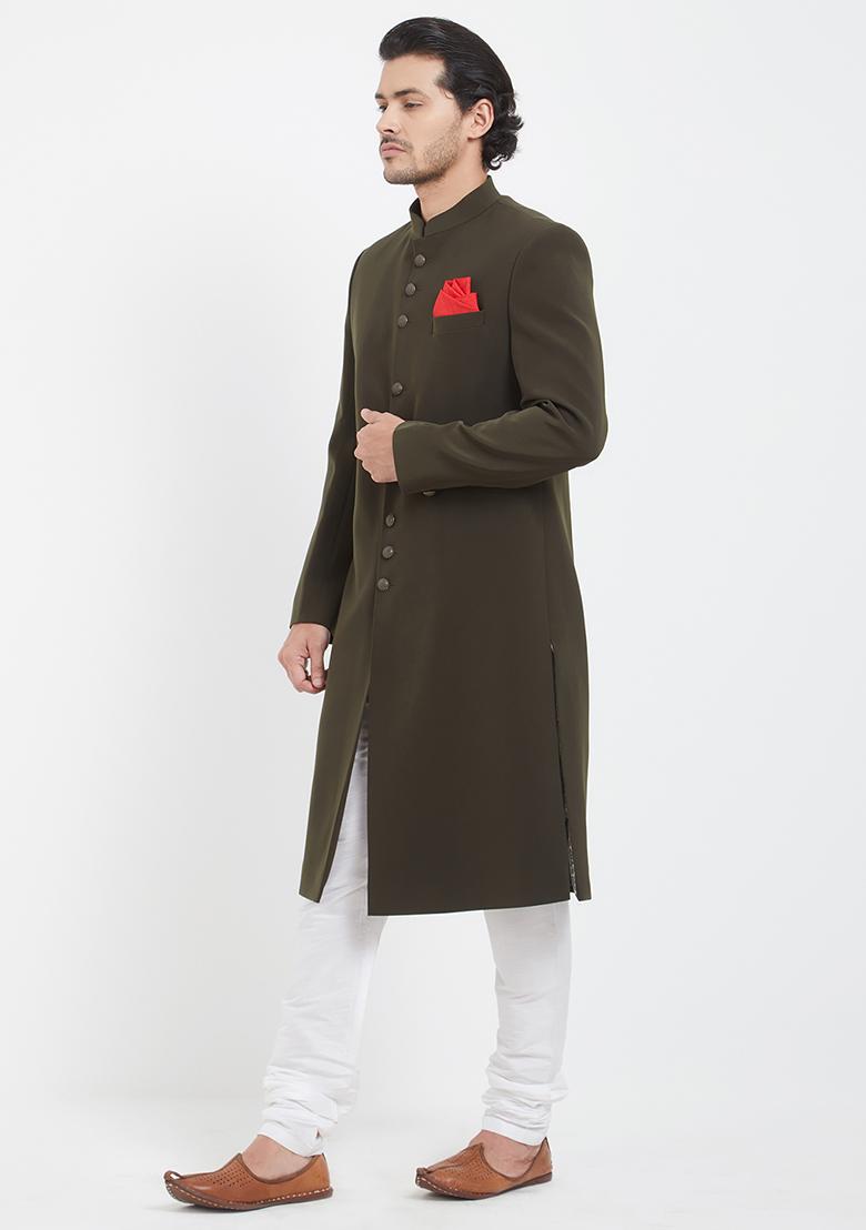 Brown Plain Silk Sherwani For Men